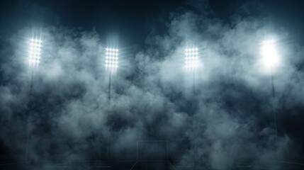 Stadium lights shine through dense fog at night.