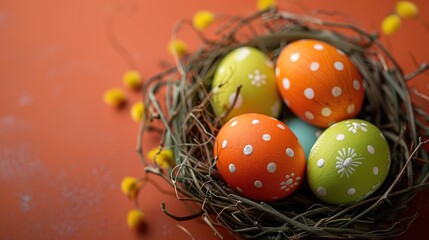 Poster - Easter eggs with white dots in a nest providing space for text