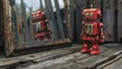 © TheWaterMeloonProjec - Red vintage robot appears distressed and damaged on aged wooden surface with mirror image