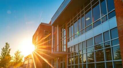 Wall Mural - A conceptual image of a high school building with the sun setting behind it, against a clear blue sky, symbolizing the end of a successful academic day. 