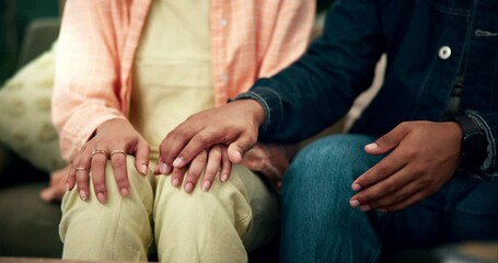 Sticker - Anxiety, love and couple holding hands in support, empathy or comfort for nervous feeling on home sofa. Mental health, stress or scared person with partner care, trust and waiting for news or sorry