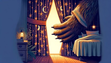 The large creature’s hand gently pulling back the curtain, with its eyes peeking through the gap.