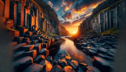 Wall Mural - Scenic basalt columns and river at sunset in a majestic landscape