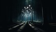 © FantasyLand86 - A clearing in a dark forest lit by strange, floating light formations above, casting long shadows on the ground.