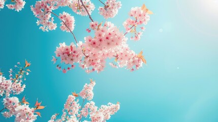 Wall Mural - Cherry blossoms contrasted with the clear blue sky in a springtime scene Capture in a wide photograph