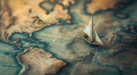 Poster - A closeup of an old map shows the vast ocean and distant lands, highlighting one small wooden sailboat