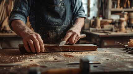 Wall Mural - A man wearing a hat is skillfully crafting a piece of hardwood in his workshop, creating a beautiful art piece. AIG41