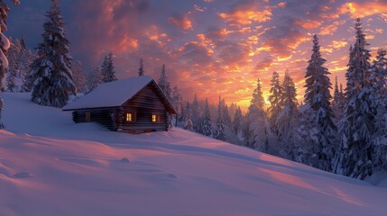 Poster - A serene sunrise view from a snowy cabin in the woods, the sky light up in pink and gold against the stark white snow and dark evergreens.