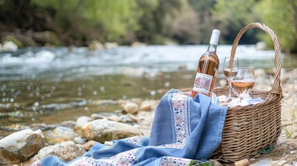 Wall Mural - A simple yet elegant picnic setup on a riverside, with a basket draped with a blue and white cloth and a chilled bottle of ros?(C) wine ready to be enjoyed as the river gently flows by.