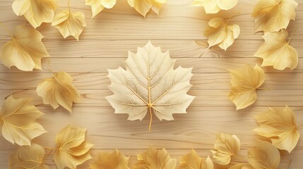 Poster - A soft cedar wood background with delicate aspen leaves in shades of light yellow and gold, centered around a finely detailed artificial maple leaf.