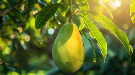 A young green mango hanging from a tree with foliage in the backdrop