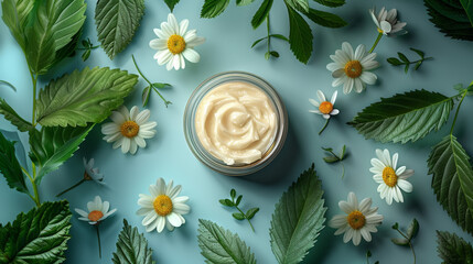 Poster - Natural cosmetics, Skin care product - cream, lotion, soap on blue background with green leaves and flowers. Flat lay image with copy space