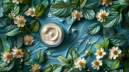 Sticker - Natural cosmetics, Skin care product - cream, lotion, soap on blue background with green leaves and flowers. Flat lay image with copy space