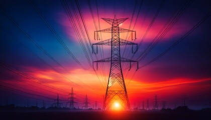 Wall Mural - Electric Transmission Towers at Vibrant Sunset