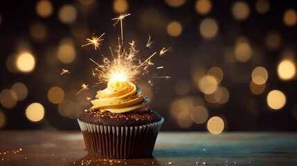 Wall Mural - Birthday cupcake with sparkler on festive table setting



