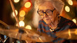 © Derrick - Elderly Woman Playing Drums with Festive Lighting in the Background