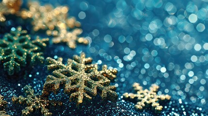 Festive golden snowflakes with glitter details on a shimmering blue background, depicting a holiday theme with a bokeh effect