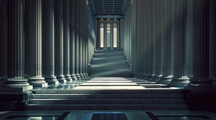 Wall Mural - Classic architecture with grand columns and steps leading to a platform, with sunlight casting shadows