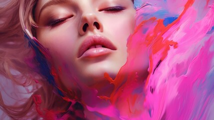 Wall Mural - Young beautiful woman with confident submerged in vibrant pink and blue paint. Surreal beauty portrait with fluid mixed colors. Creative concept for makeup, art, and fantasy design concept. AIG35.