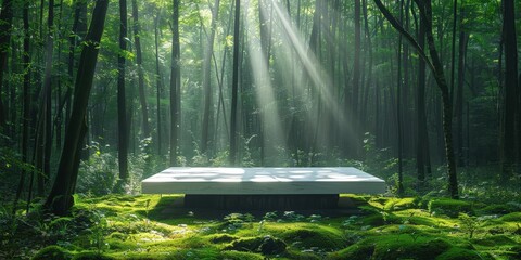 Wall Mural - Sunbeams Illuminating a Stone Platform in a Lush Forest
