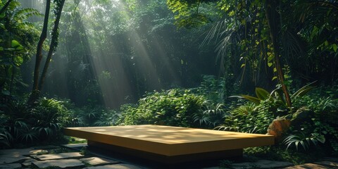 Wall Mural - Sunlight Illuminating a Wooden Platform in a Lush Jungle