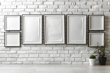 Canvas Print - empty photo collage frames on white brick wall, wall is full of frames