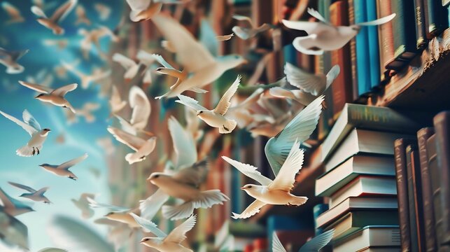a mesmerizing scene of doves flying gracefully among stacks of books in a library, symbolizing freed