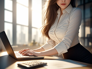 A professional woman seamlessly blends efficiency and style as she works on her laptop