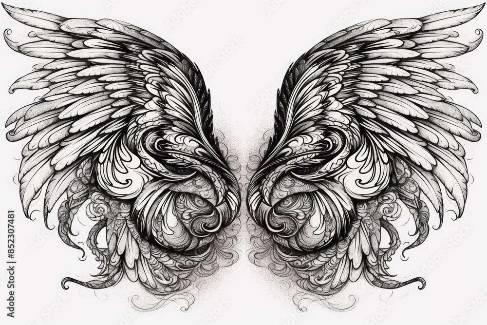 Wings. Tattoo art. Hand drawn illustration of wings. Black and White ...