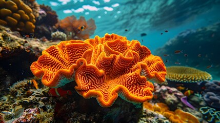 A coral with bright orange, patterned growths on its surface. The coral is set against the backdrop of an underwater reef environment.