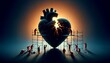 © FantasyLand86 - A silhouette of a person with a heart-shaped hole in their chest, being repaired by tiny workers on scaffolding.