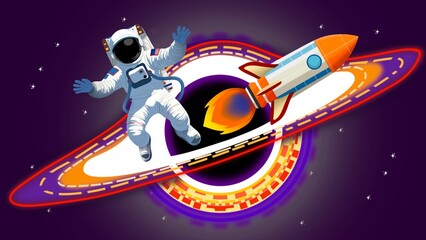 Wall Mural - Black Holes Swallow Everything, astronaut exploring the cosmos with a spaceship, Rocket ship with fire flames from engine, physics and chemistry, spacetime, A spaceship is sucked into a black hole