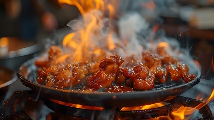 Poster - Closeup of the fire, surrounded by fried chicken wings with brown sauce on top, smoke rising from inside an old wooden kitchen, dark background.