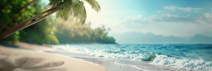 Wall Mural - Beautiful blurred background of white sand and blue water on the beach with palm trees