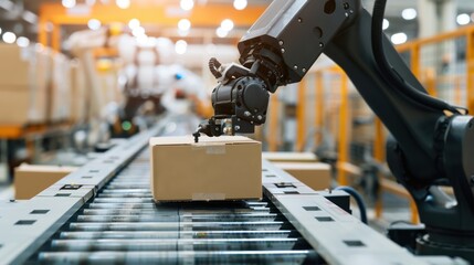 modern completely black logistic unloading robot arm holding a box macro close up with details wires and gears in white hangar.