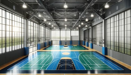 Spacious Indoor Basketball Court with Modern Facilities and Natural Light