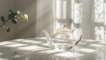 Sticker - A glass tea pot with a lid sits on a marble countertop