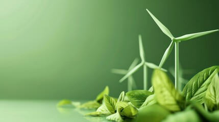 Miniature wind turbines representing green energy with fresh green leaves on a reflective surface and a green background