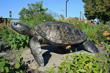 Wall Mural - A turtle garden sculpture in a community green space