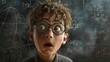 © Working Moments - Surprised young boy wearing eyeglasses studies with blackboard in background.