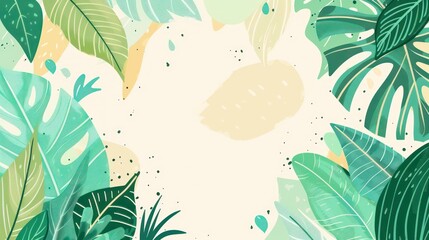 Wall Mural - Vibrant illustration with tropical leaves and abstract splashes, depicting lush greenery with a modern artistic twist