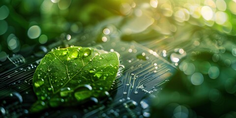 Canvas Print - A leaf is on a wet surface, with water droplets surrounding it. The leaf is green and he is fresh and healthy.