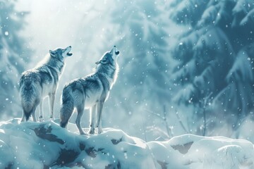 wolves howling in snowy forest