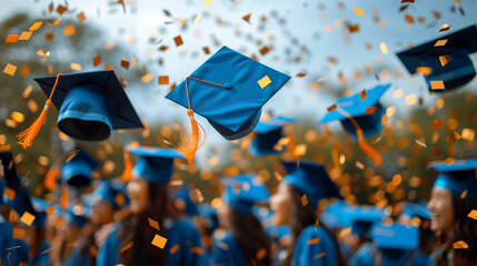 graduation caps thrown into the air, students celebrate success, AI generated Images