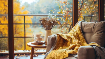 Canvas Print - Cozy Autumn Reading Nook with Warm Blanket and Coffee on Rainy Day