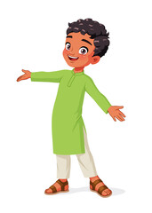 Indian boy greeting with wide open arms. Cartoon vector illustration.