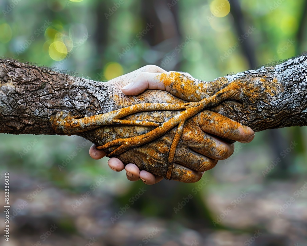 Handshake with interconnected roots forming a network, Symbolizing the ...