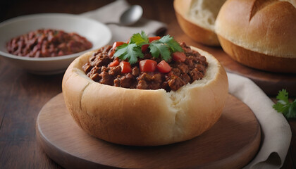 Wall Mural - chili con carne in a bread bowl