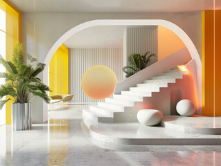 Representación 3D de diseño interior futurista inspirado en figuras geométricas y minimalismo con colores brillantes