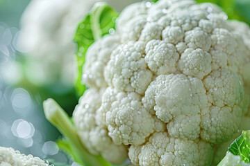 Fresh cauliflower with water droplets, creating appealing background for showcasing versatile vegetable